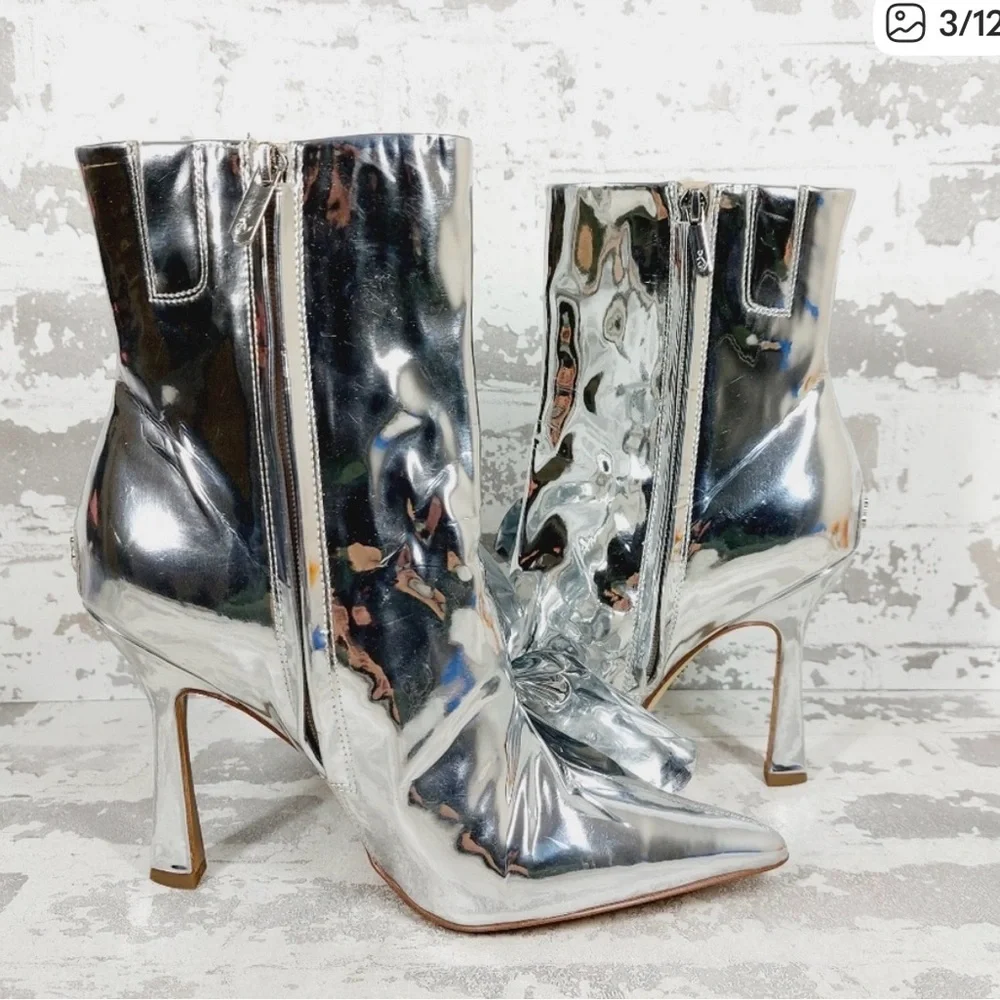 New Sam Edelman Esmae Stiletto Ankle Bootie Metallic Shiny Silver Boots